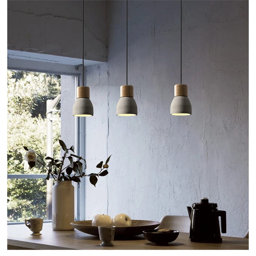 Nordisk LED Hänglampa – Inomhus Hängande Armatur – Cement-Trä Design - Justerbar Vajerlängd - Vintage Stil - E27 Fäste
