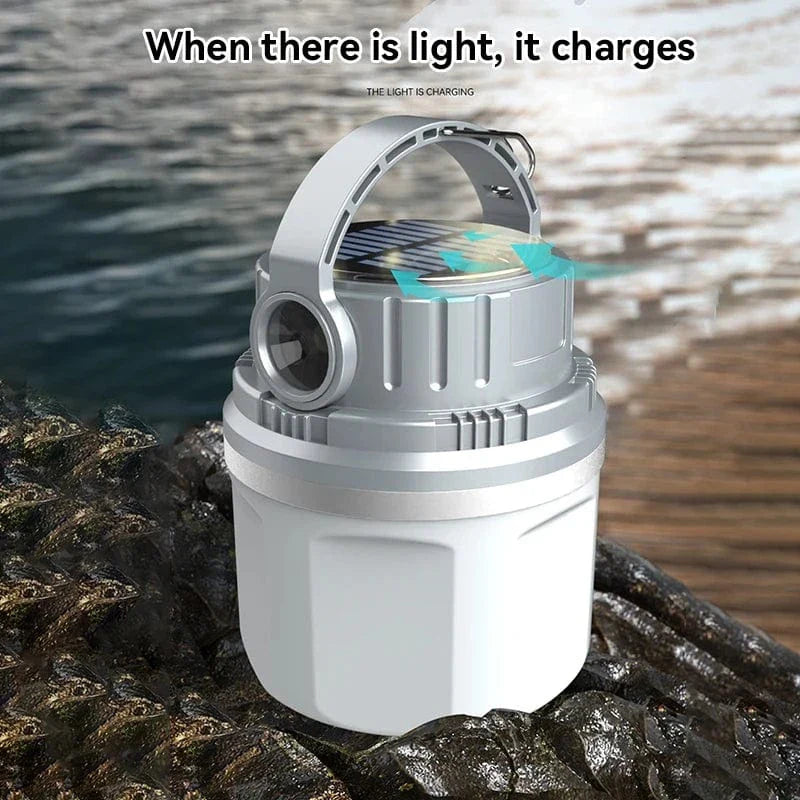 Bärbar LED Campinglampa - Solenergiladdad - Vattentålig - Kompakt design - Ideal för utomhusäventyr - Nödanvändning