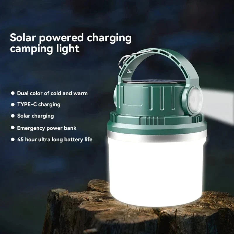 Bärbar LED Campinglampa - Solenergiladdad - Vattentålig - Kompakt design - Ideal för utomhusäventyr - Nödanvändning