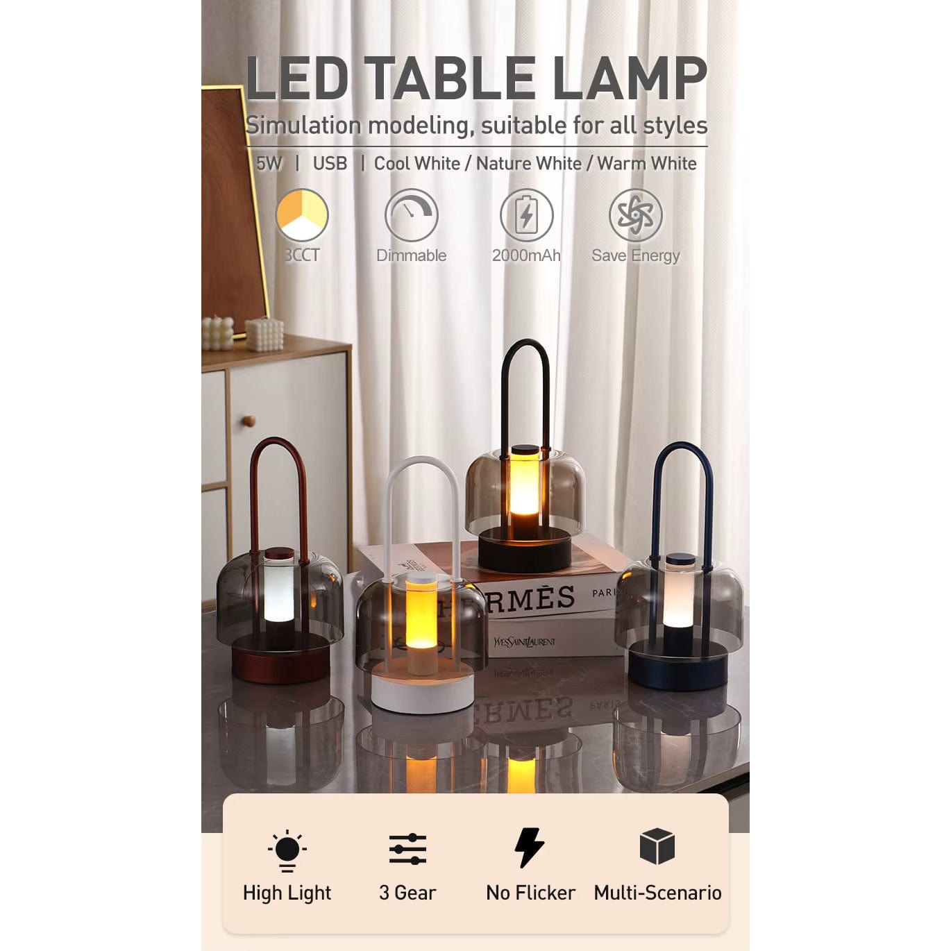 Uppladdningsbar LED-skrivbordslampa - Sladdlös - Modern Retro Design - Portabel - Touchaktivering - Ideal för inomhusbruk