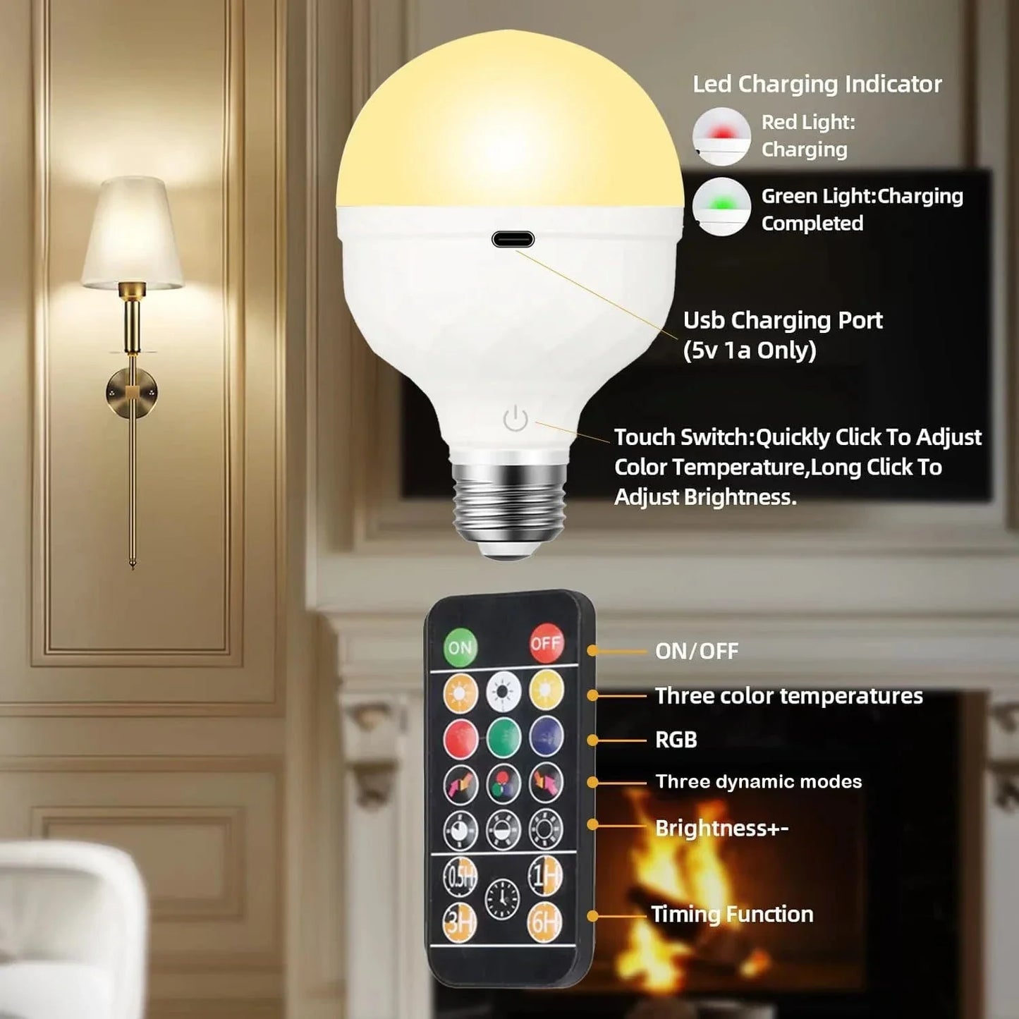 Uppladdningsbar LED-lampa med fjärrkontroll – Dimbar - Flerfärgad - Timerfunktion - 270° ljusvinkel - Bärbar design