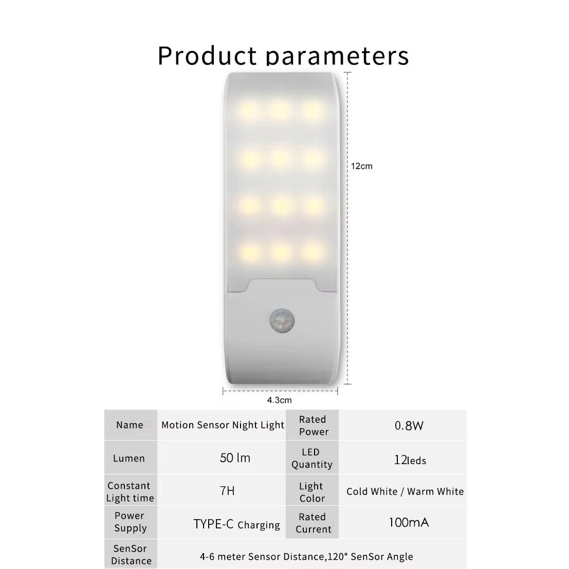 LED Rörelsesensor Nattlampa - Uppladdningsbar USB Typ-C - Kall &amp; Varm Vit