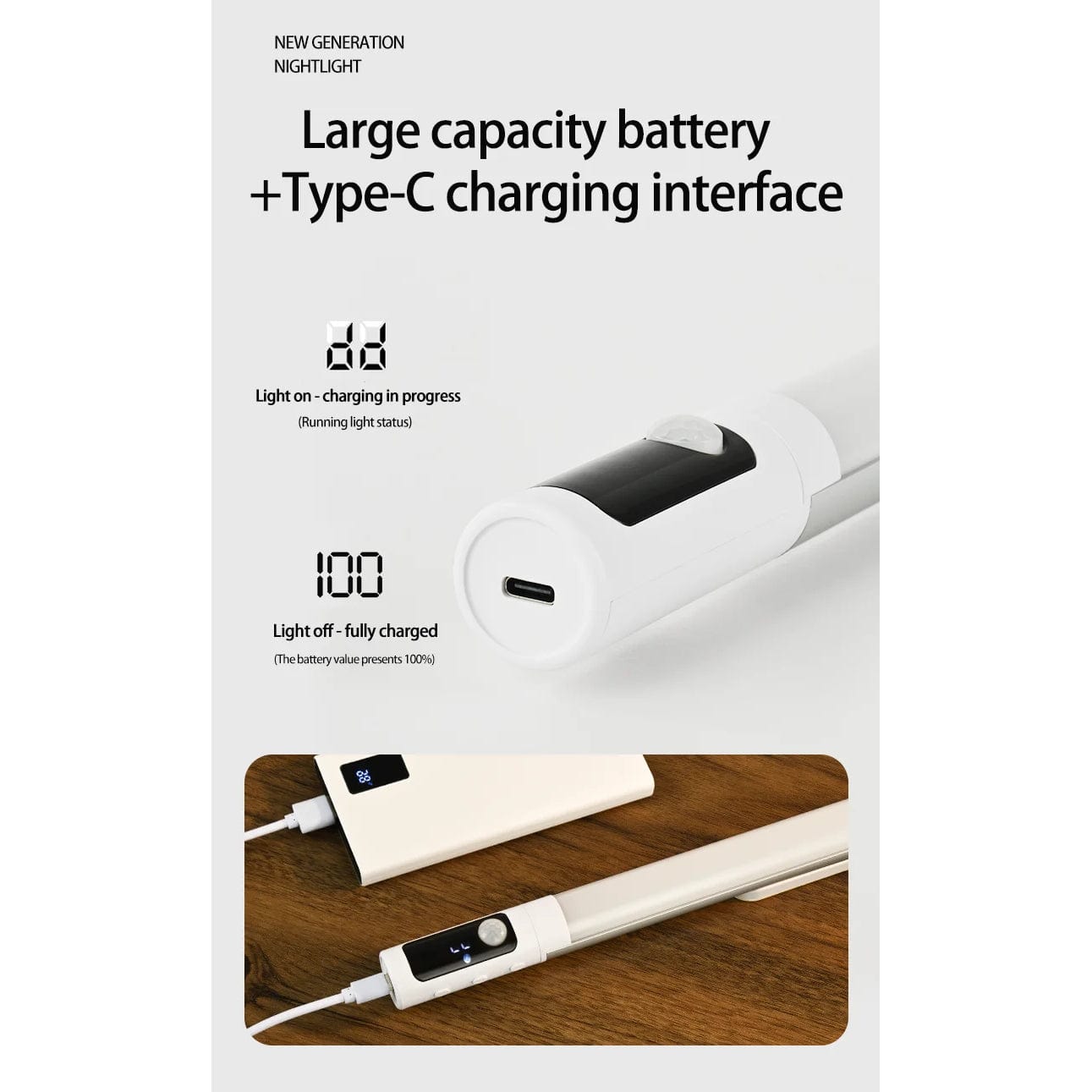 Uppladdningsbar LED-nattlampa med rörelsesensor och digital skärm – Inomhusbruk för kök och skåp