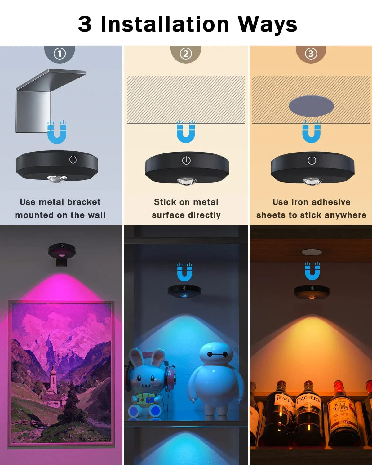 Återuppladdningsbara LED puckljus med magnetfäste – RGB-färgtemperatur - Justerbar ljusstyrka - Inomhus konstbelysning - Fjärrkontroll