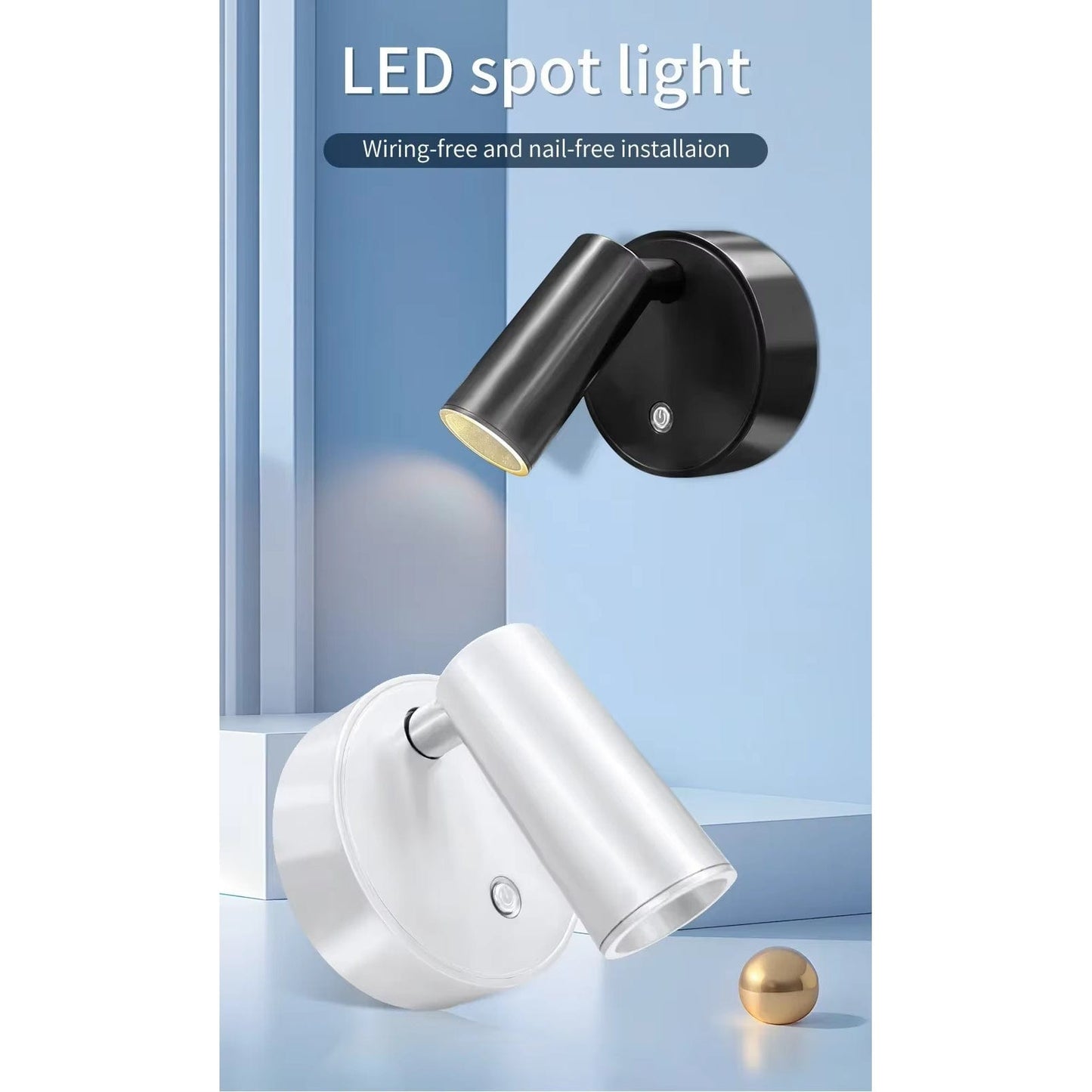 Uppladdningsbar LED-vägglampa med magnetfäste – Beröringskontroll – 360° rotation – Tre-färgjustering – Kompakt design