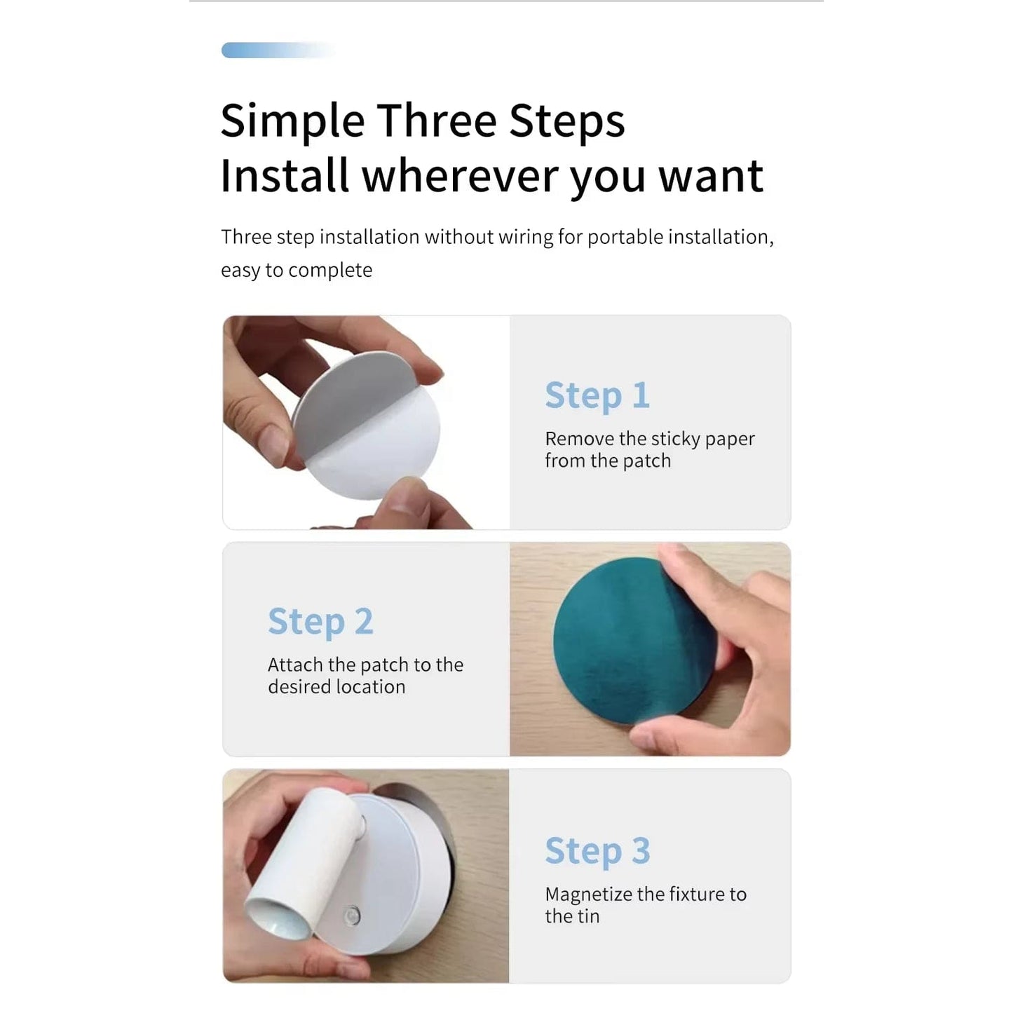 Uppladdningsbar LED-vägglampa med magnetfäste – Beröringskontroll – 360° rotation – Tre-färgjustering – Kompakt design