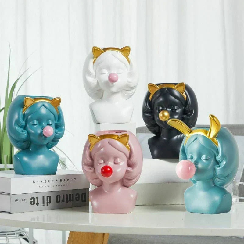 Söt Bubbelgum Flicka Keramisk Ansiktsvase för Leken Heminredning
