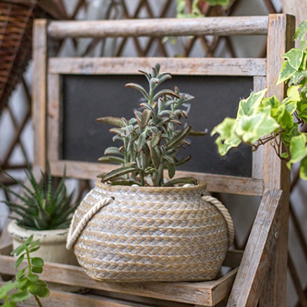Keramisk planterpotte i hampsekk-design med tauhåndtak - dekorativ blomsterpotte for hage og hjem