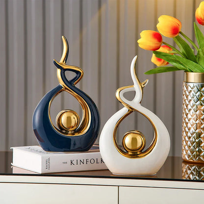 Abstrakt Keramisk Skulptur | Modern Inredning med Guld Accenter | Hylla eller Skrivbordsornament