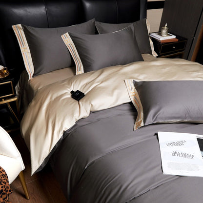 Bomullssatin broderad grå sängset